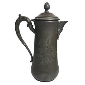 Antique Silver Plated Coffee Pot with Ornate Handle and Engraved Floral Design